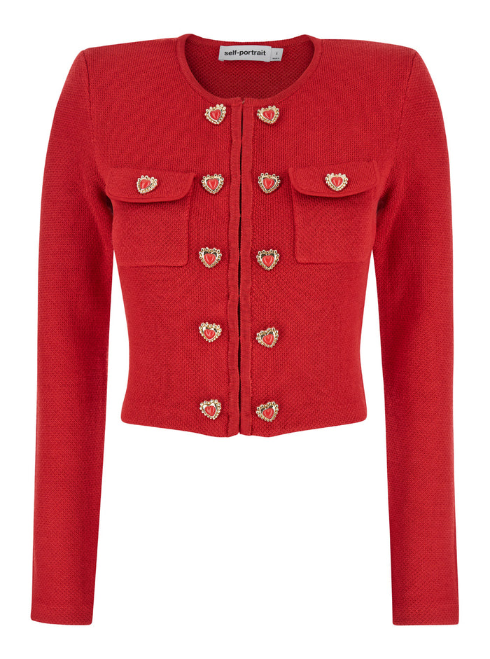 Red Cardigan With Round Neck And Heart Shaped Buttons Cotton Blend Woman Jersey