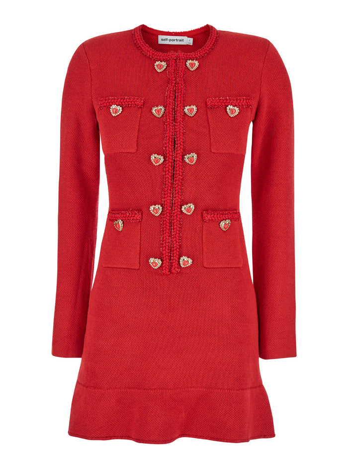 Red Mini Dress With Round Neck And Heart Shaped Buttons Cotton Blend Stretch Woman