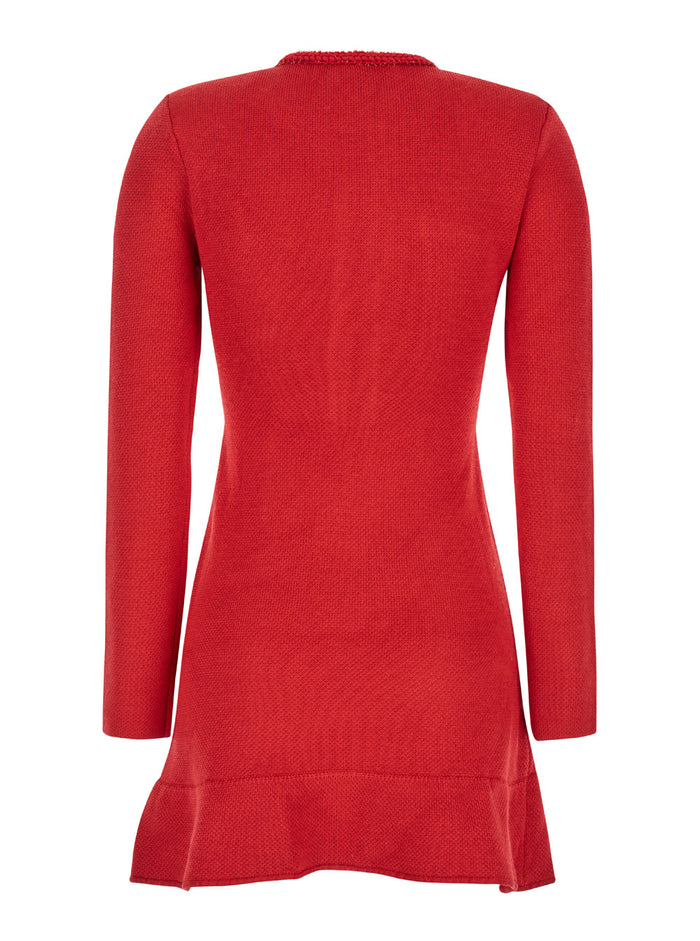 Red Mini Dress With Round Neck And Heart Shaped Buttons Cotton Blend Stretch Woman