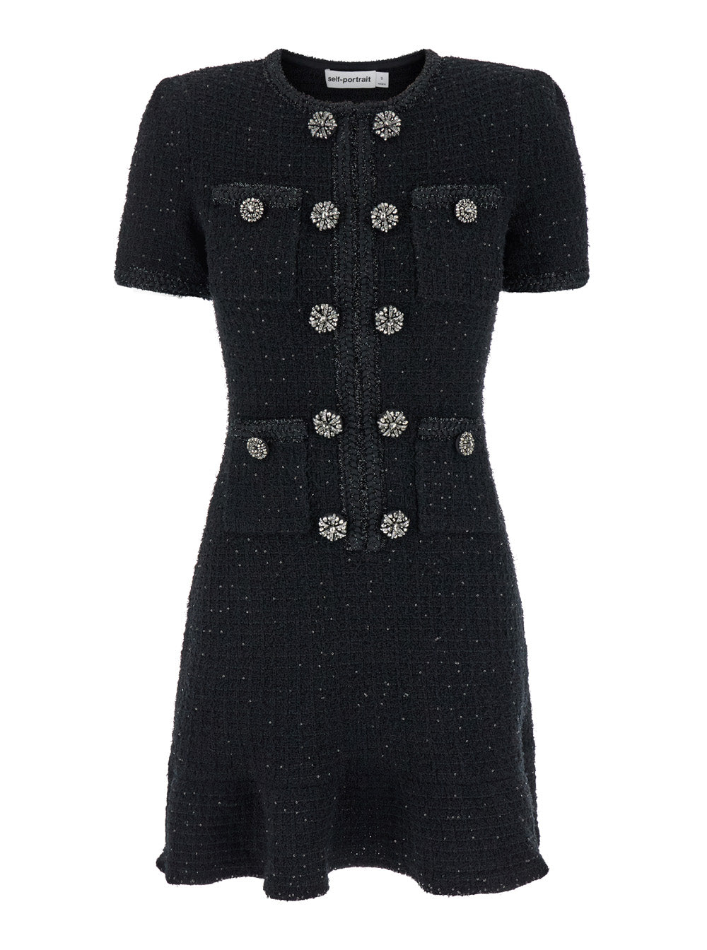 Black Mini Dress With Rhinestone Embellishments And Crystal Buttons Cotton Blend Woman