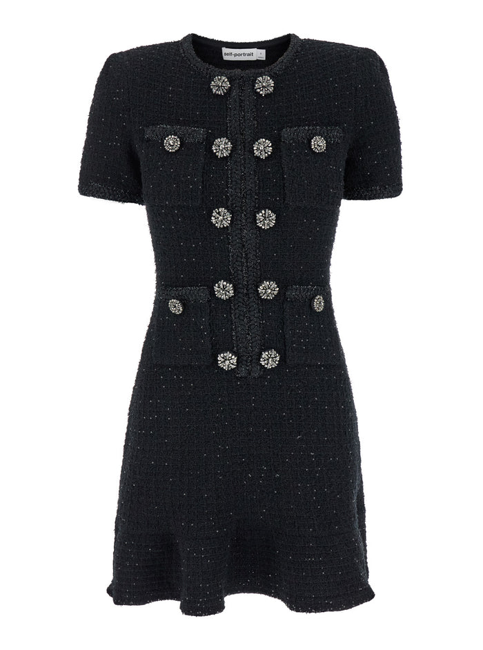 Black Mini Dress With Rhinestone Embellishments And Crystal Buttons Cotton Blend Woman