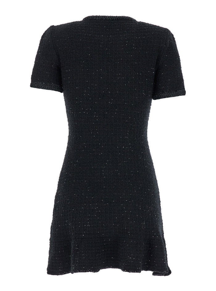 Black Mini Dress With Rhinestone Embellishments And Crystal Buttons Cotton Blend Woman