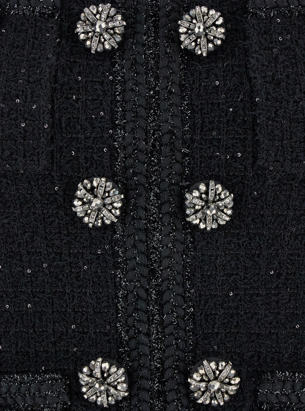Black Mini Dress With Rhinestone Embellishments And Crystal Buttons Cotton Blend Woman