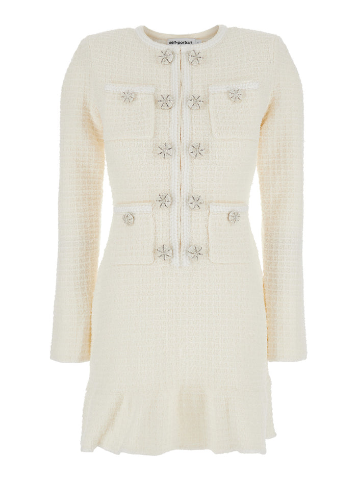 White Mini Dress With Round Neck And Crystal Buttons Cotton Blend Stretch Woman