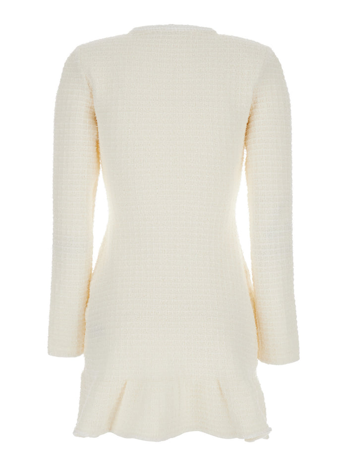 White Mini Dress With Round Neck And Crystal Buttons Cotton Blend Stretch Woman