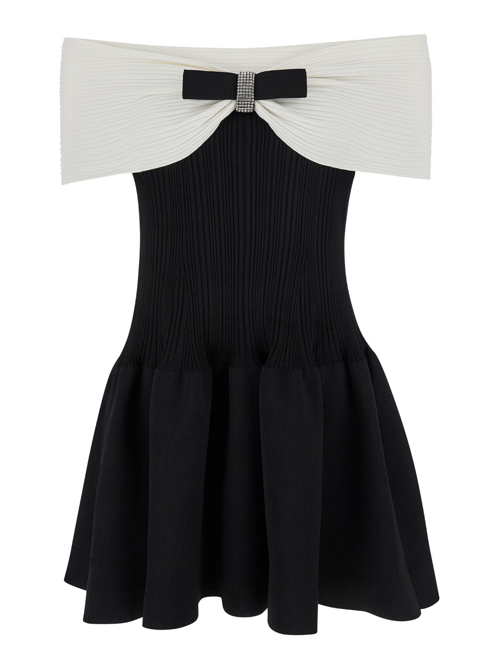 Black Mini Dress With Square Neck And Bow Detail Viscose Blend Stretch Woman