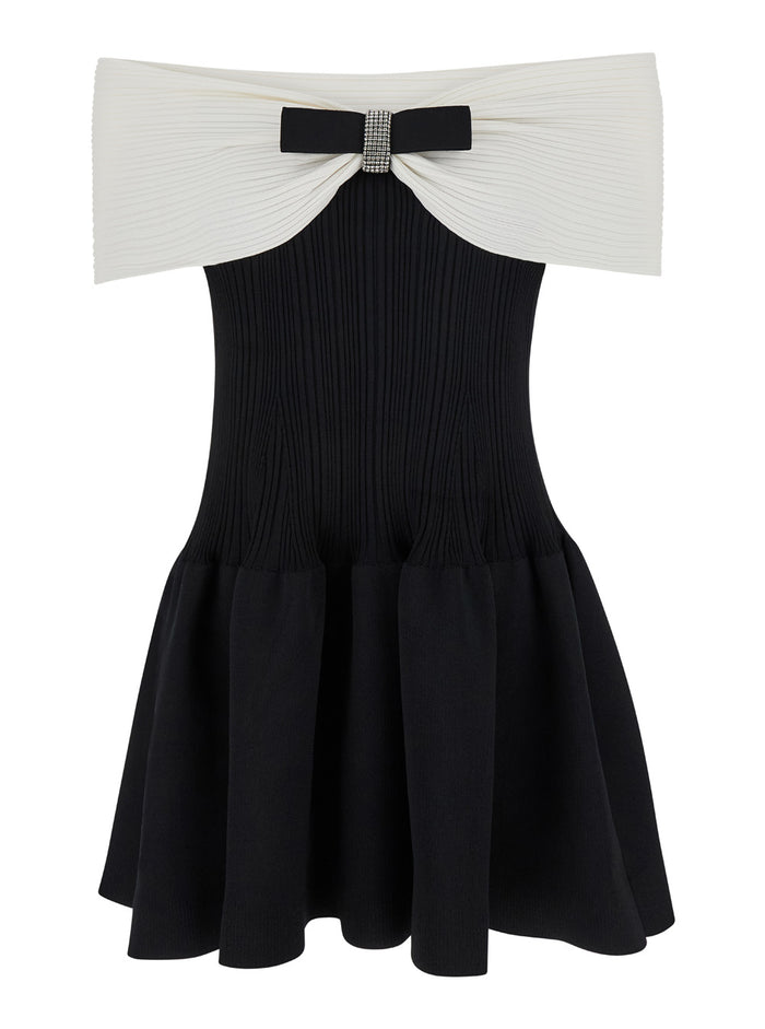 Black Mini Dress With Square Neck And Bow Detail Viscose Blend Stretch Woman
