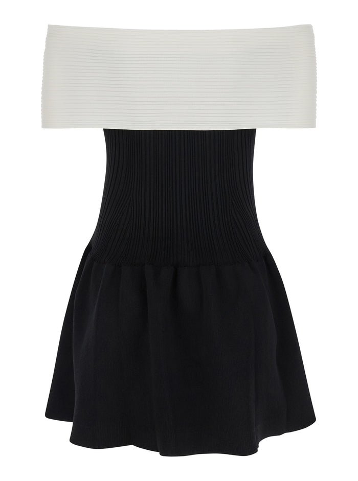 Black Mini Dress With Square Neck And Bow Detail Viscose Blend Stretch Woman