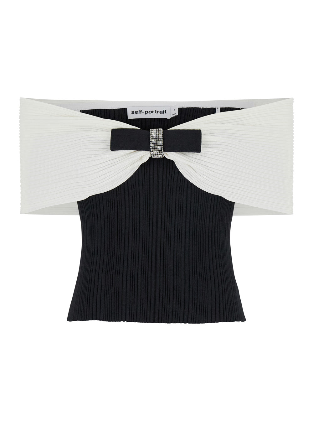 Black Top With Square Neck And Bow Detail Viscose Blend Stretch Woman White/black Tops