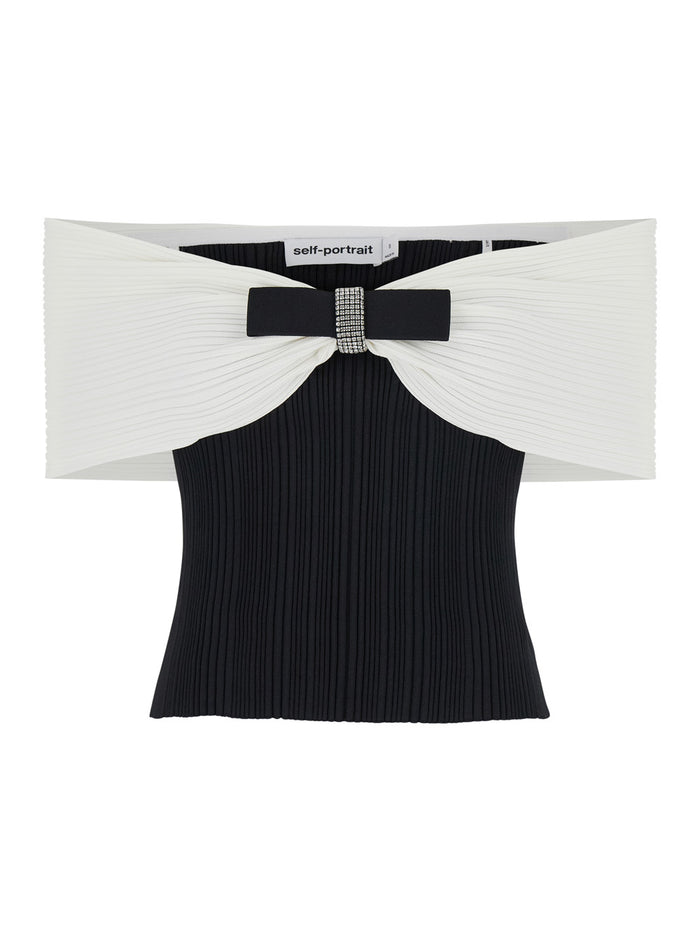 Black Top With Square Neck And Bow Detail Viscose Blend Stretch Woman White/black Tops