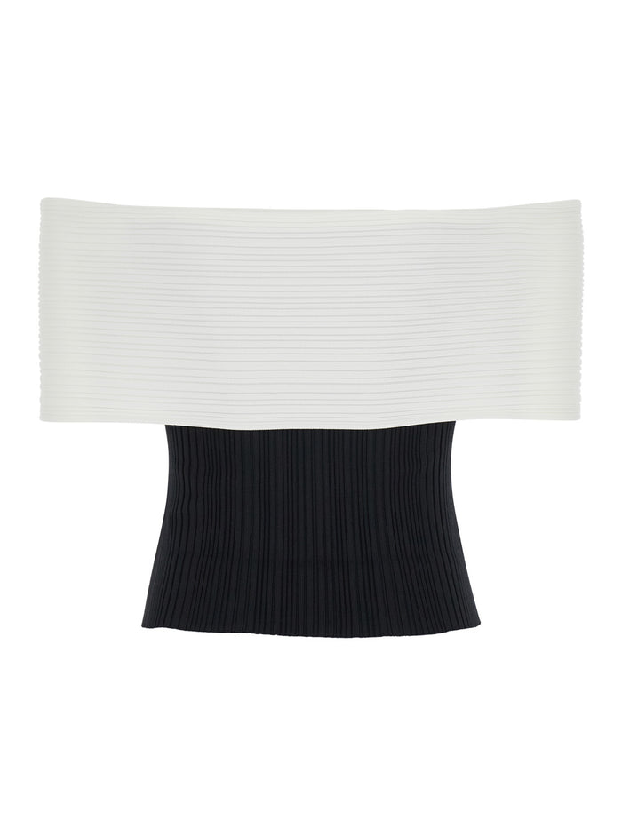 Black Top With Square Neck And Bow Detail Viscose Blend Stretch Woman White/black Tops
