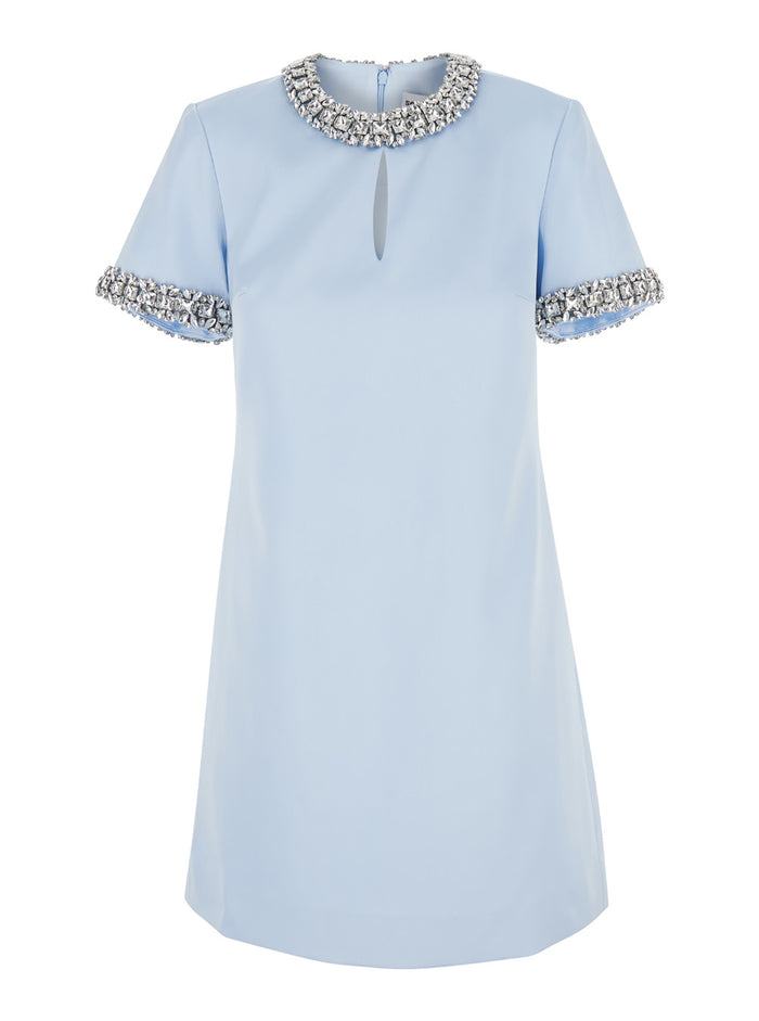 Light Blue Crewneck Mini Dress With Crystal Embellishments Satin Woman