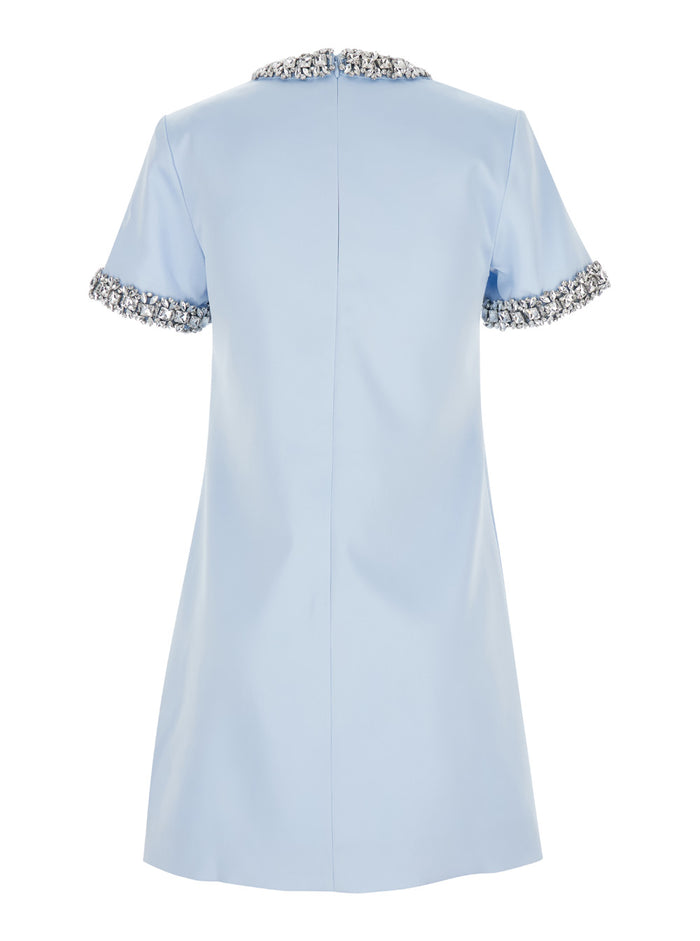 Light Blue Crewneck Mini Dress With Crystal Embellishments Satin Woman