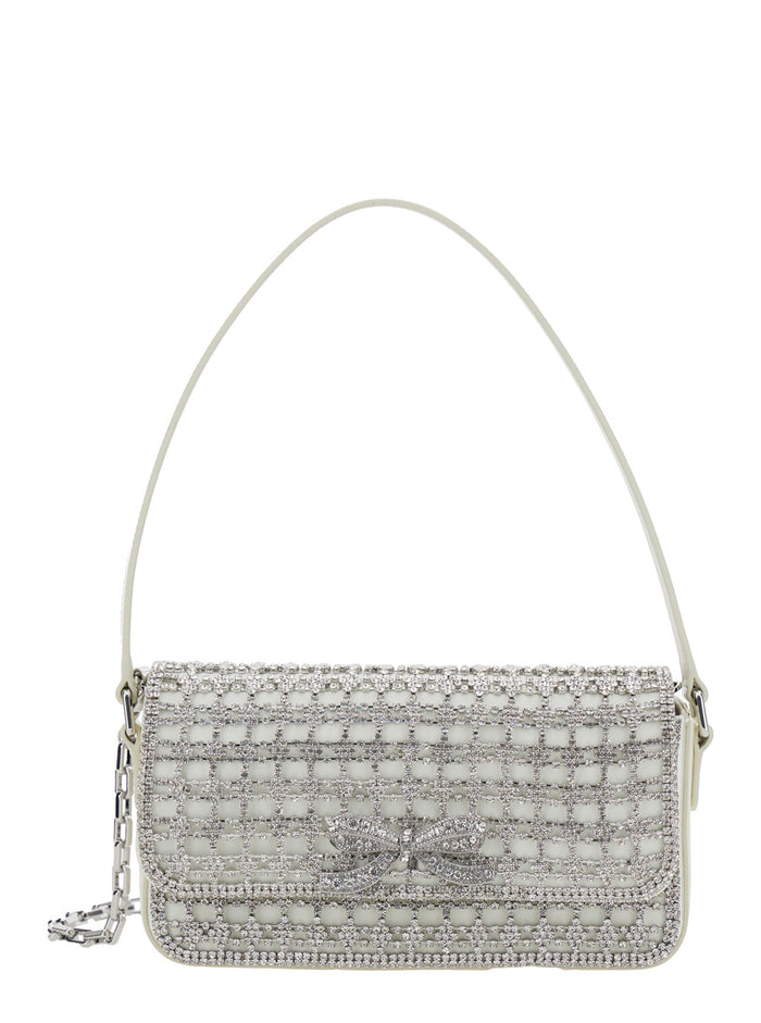 White Baguette Handbag With Bow All-Over Rhinestone Fabric Woman Polyethylene Hand Bags