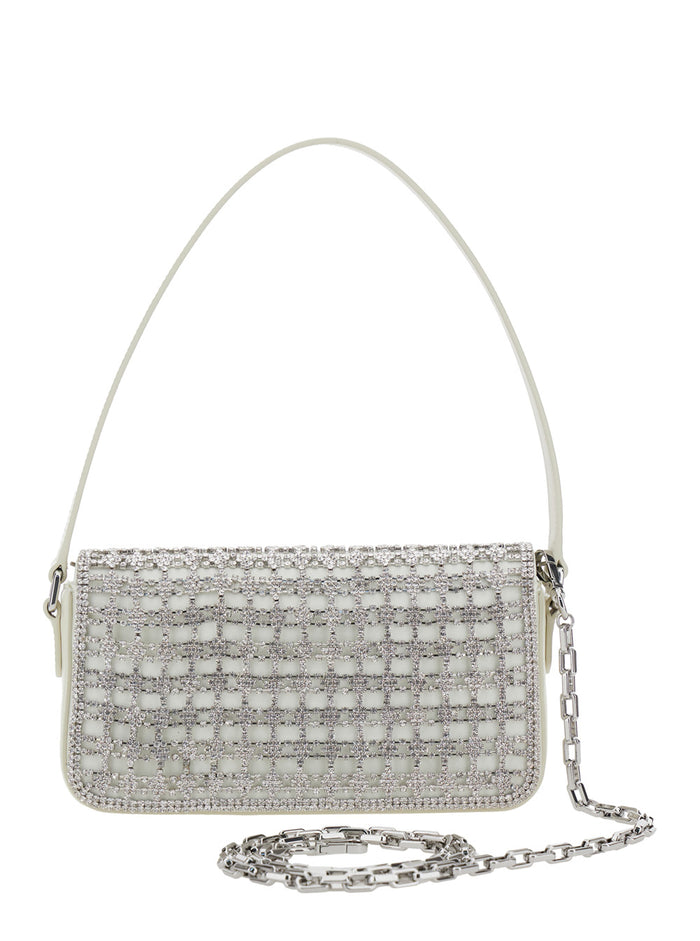White Baguette Handbag With Bow All-Over Rhinestone Fabric Woman Polyethylene Hand Bags