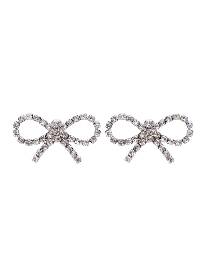 Mini Bow Silver Colored Earrings With Crystals Metal Woman Metallic