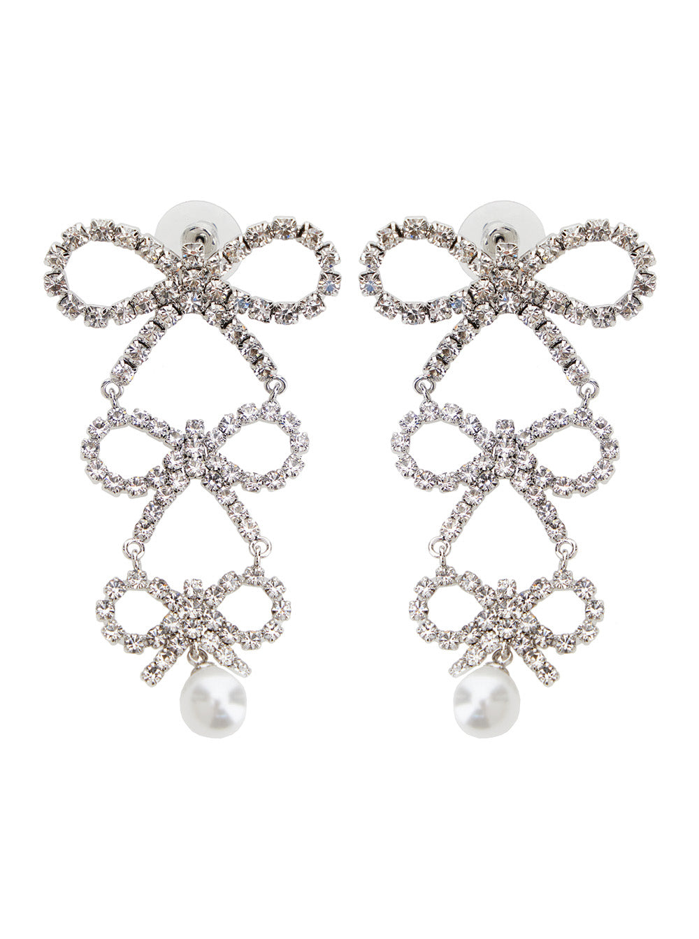 Silver Colord Pendant Earrings With Bow And Crystals Brass Woman Metallic