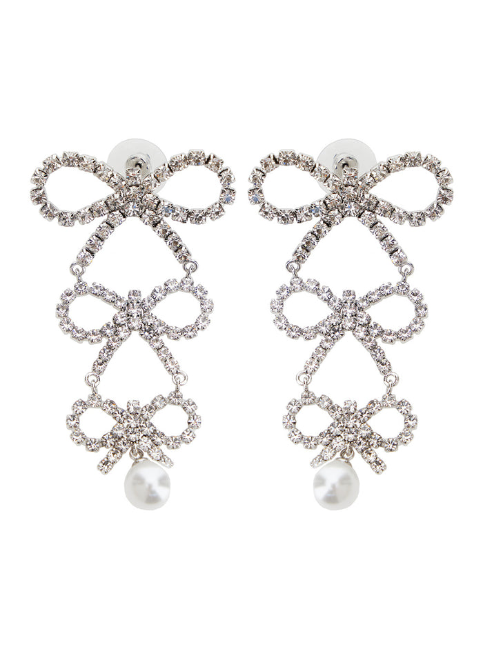 Silver Colord Pendant Earrings With Bow And Crystals Brass Woman Metallic