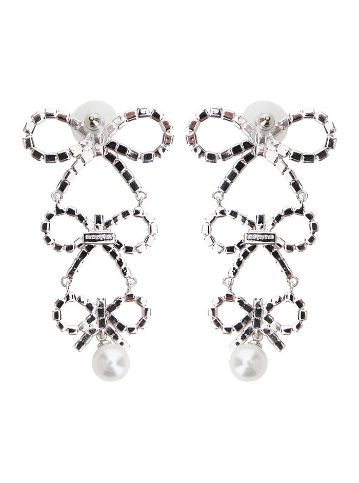 Silver Colord Pendant Earrings With Bow And Crystals Brass Woman Metallic