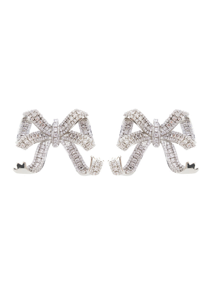 Silver Colored Bow Earrings With Crystals Brass Woman Metallic