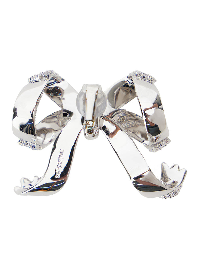 Silver Colored Bow Earrings With Crystals Brass Woman Metallic