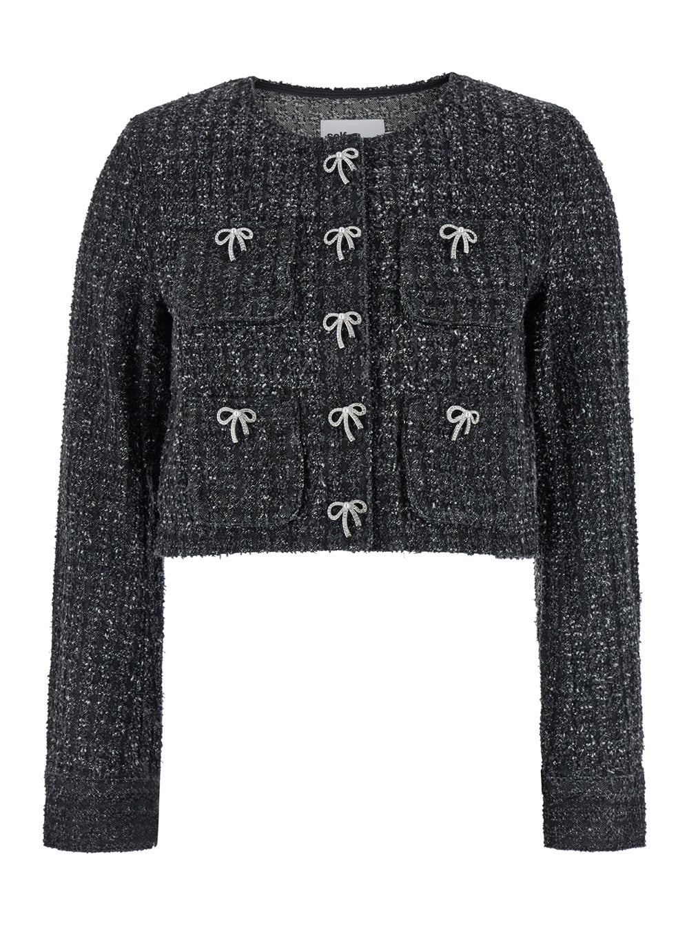 Black Rhinestoned Crewneck Jacket With Jewel Buttons Denim Woman Blazers