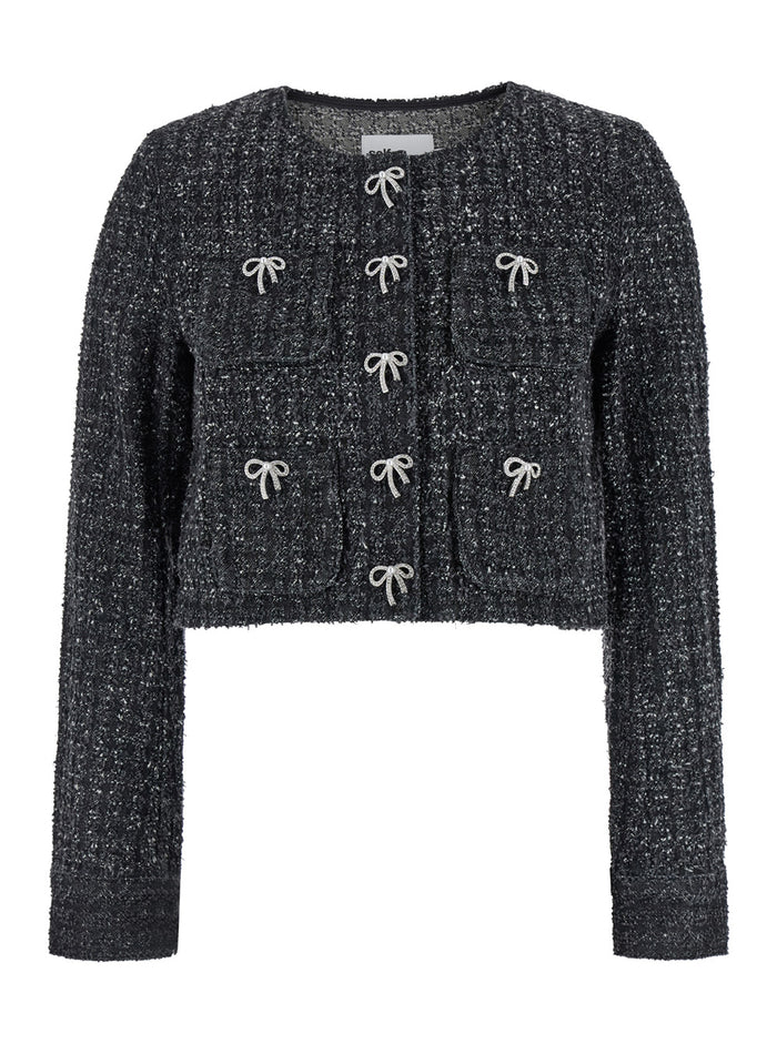 Black Rhinestoned Crewneck Jacket With Jewel Buttons Denim Woman Blazers
