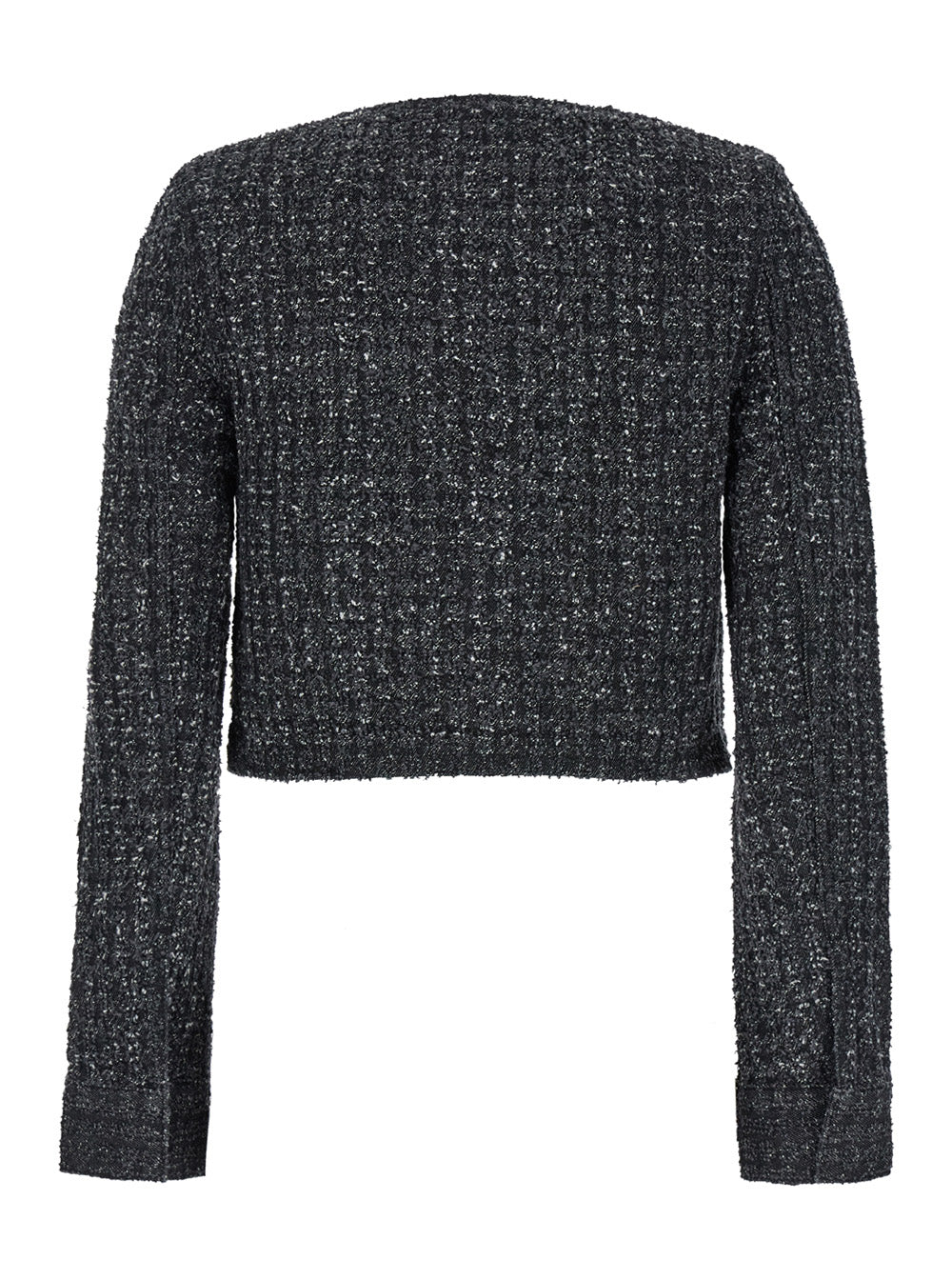Black Rhinestoned Crewneck Jacket With Jewel Buttons Denim Woman Blazers
