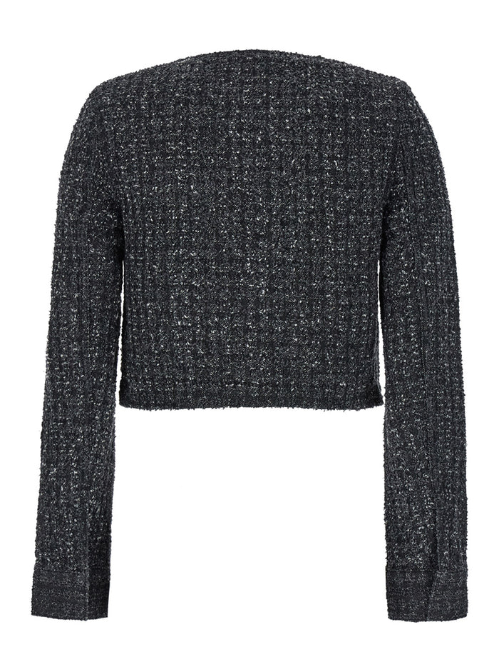 Black Rhinestoned Crewneck Jacket With Jewel Buttons Denim Woman Blazers