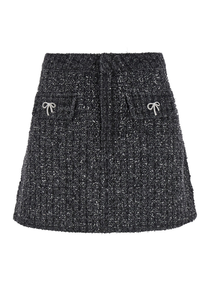 Black Flared Mini Skirt With Bow Detail And Crystal Embellishments Denim Woman