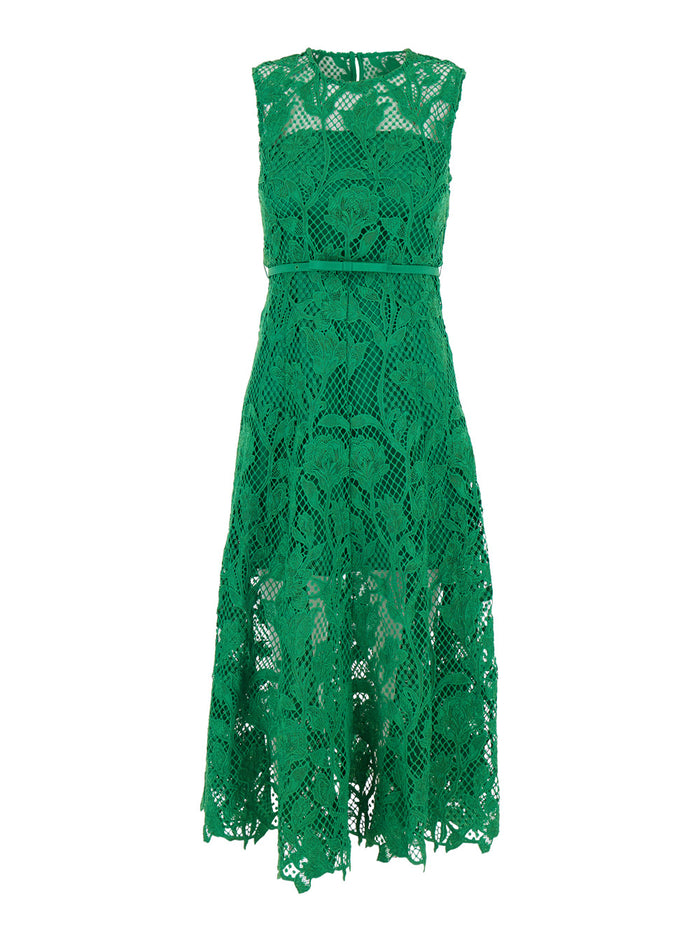 Midi Green Dress With All-Over Embroideries Lace Woman Long