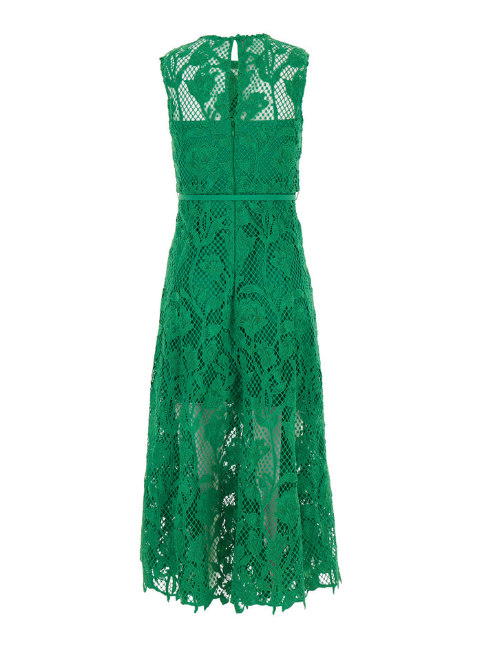 Midi Green Dress With All-Over Embroideries Lace Woman Long