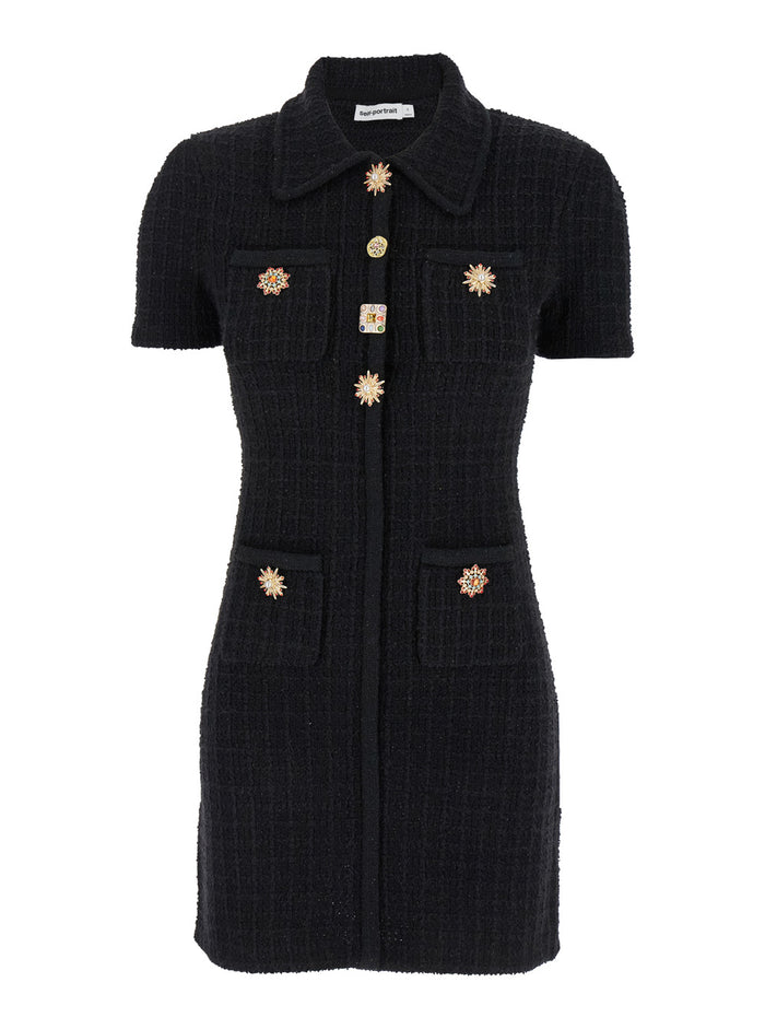Mini Dress With Jewel Buttons Tweed Woman Black