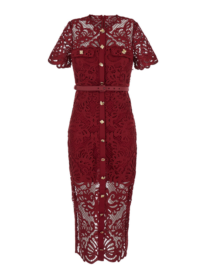 Midi Red Dress With Jewel Buttons Guipure Lace Woman Long