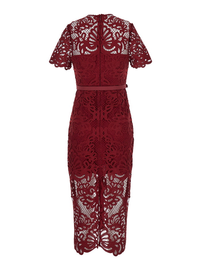 Midi Red Dress With Jewel Buttons Guipure Lace Woman Long