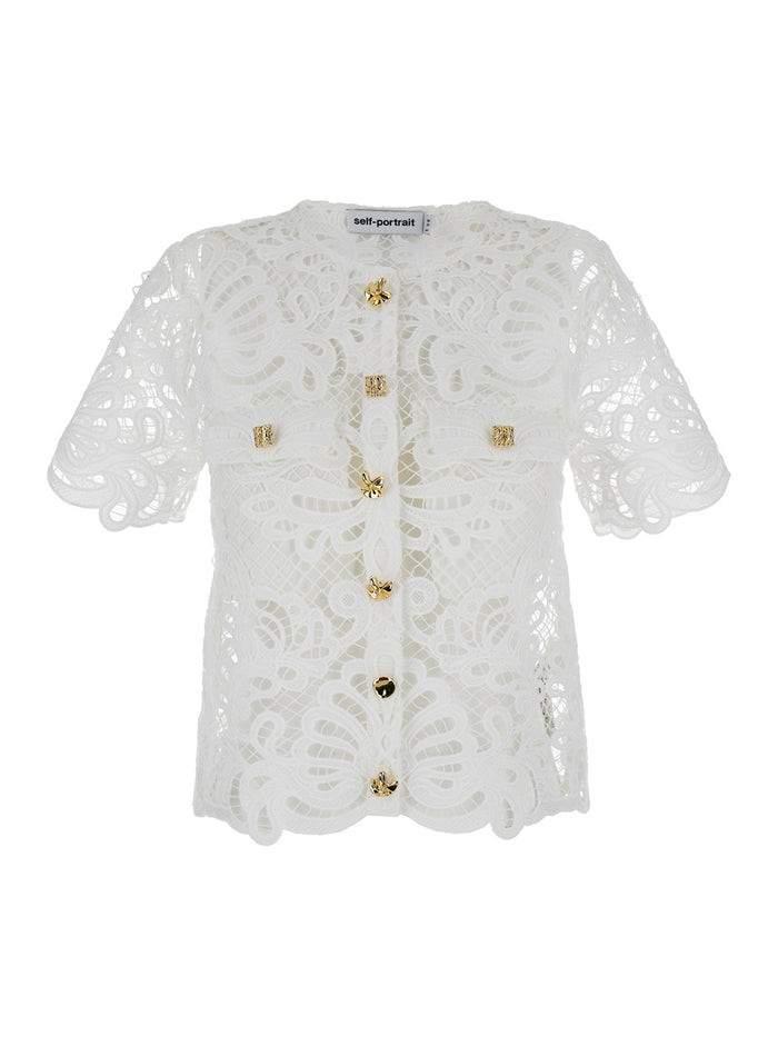 White Top With Jewel Buttons Guipure Lace Woman Tops