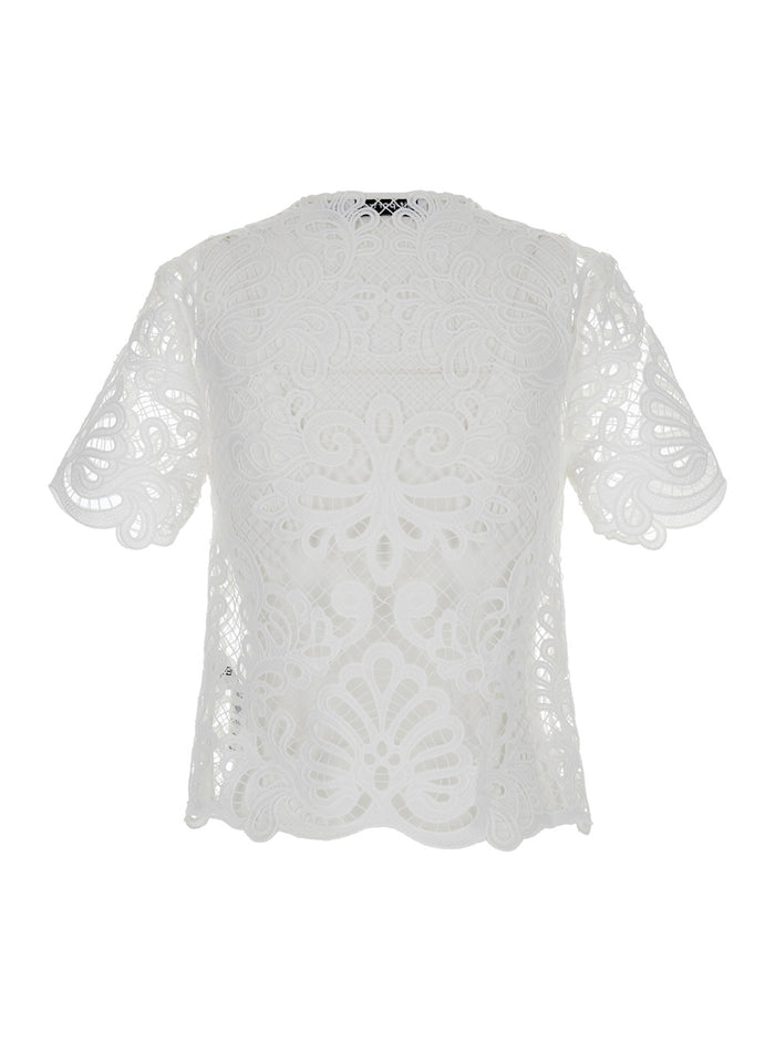 White Top With Jewel Buttons Guipure Lace Woman Tops