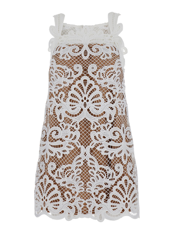 Mini White Dress With Embroideries Guipure Lace Woman