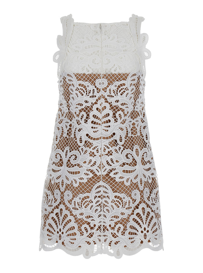 Mini White Dress With Embroideries Guipure Lace Woman