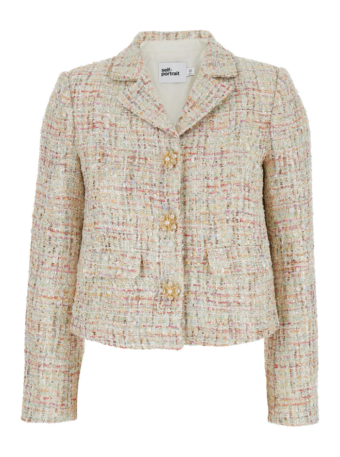 Multicolor Crop Jacket With Jewel Buttons Tweed Woman Blazers