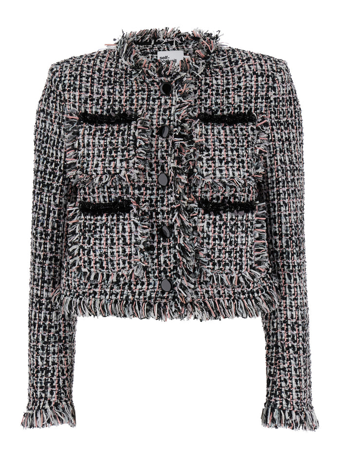 Multicolor Crop Jacket With Patch Pockets Tweed Woman Blazers