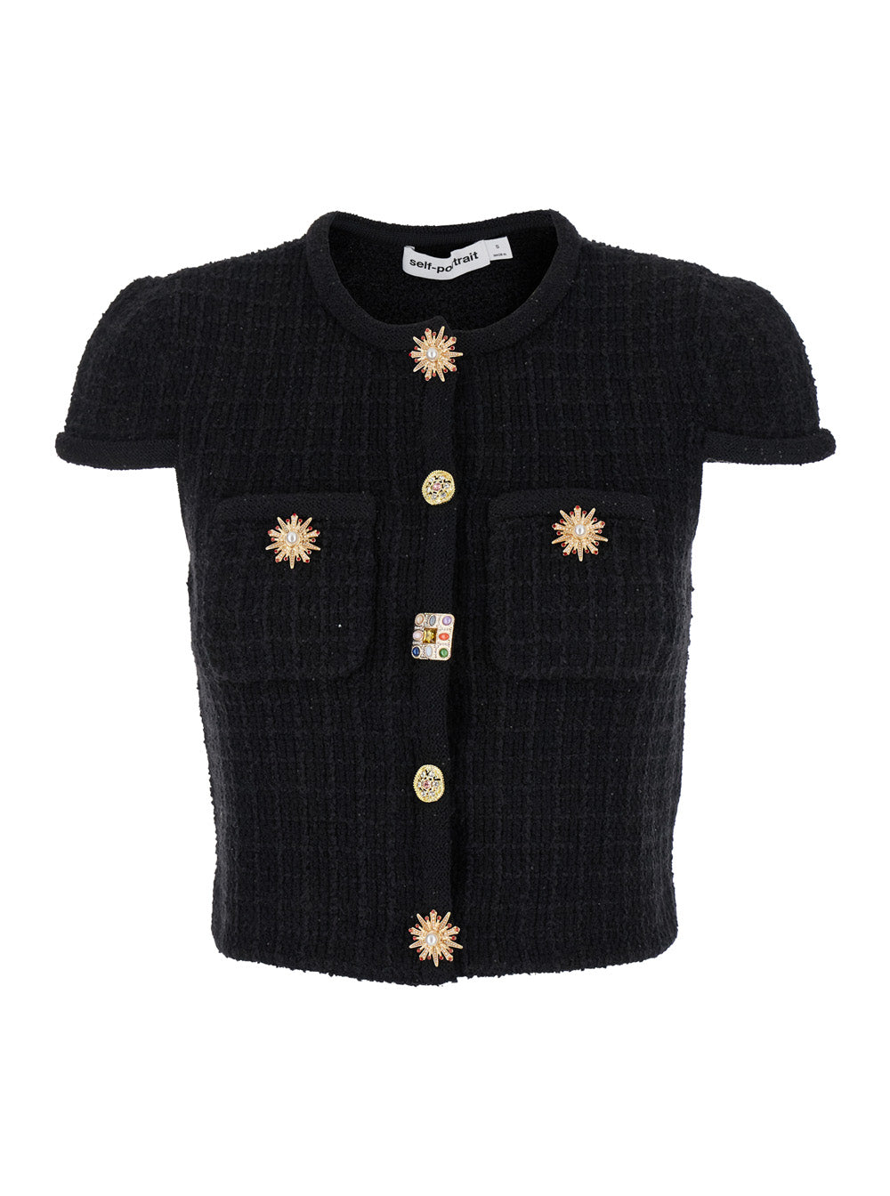Black Top With Jewel Buttons Tweed Woman Polyester Cotton Wool Tops
