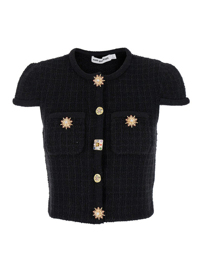 Black Top With Jewel Buttons Tweed Woman Polyester Cotton Wool Tops