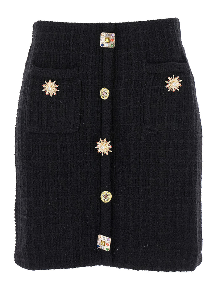 Mini Black Pencil Skirt With Jewel Buttons Tweed Woman