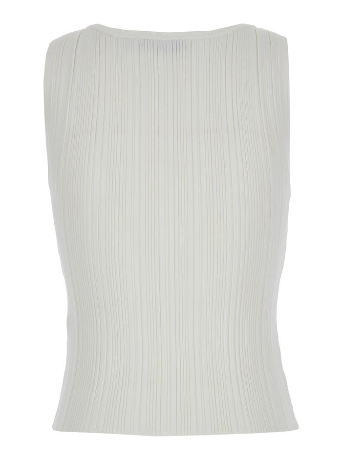 White Sleeveless Top With Crystals Ribbed Knit Woman Tops