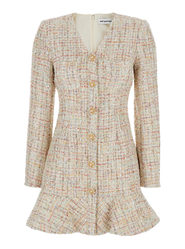 Mini Multicolor Dress With Jewel Buttons And V Neck Tweed Woman