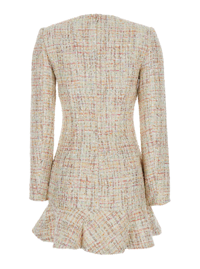 Mini Multicolor Dress With Jewel Buttons And V Neck Tweed Woman