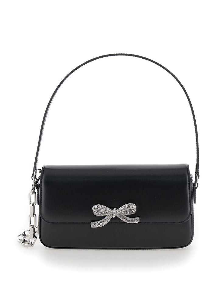 Black Shoulder Bag With Crystal Bow Detail Smooth Leather Woman 100 % Calf