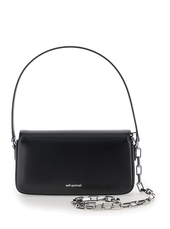 Black Shoulder Bag With Crystal Bow Detail Smooth Leather Woman 100 % Calf