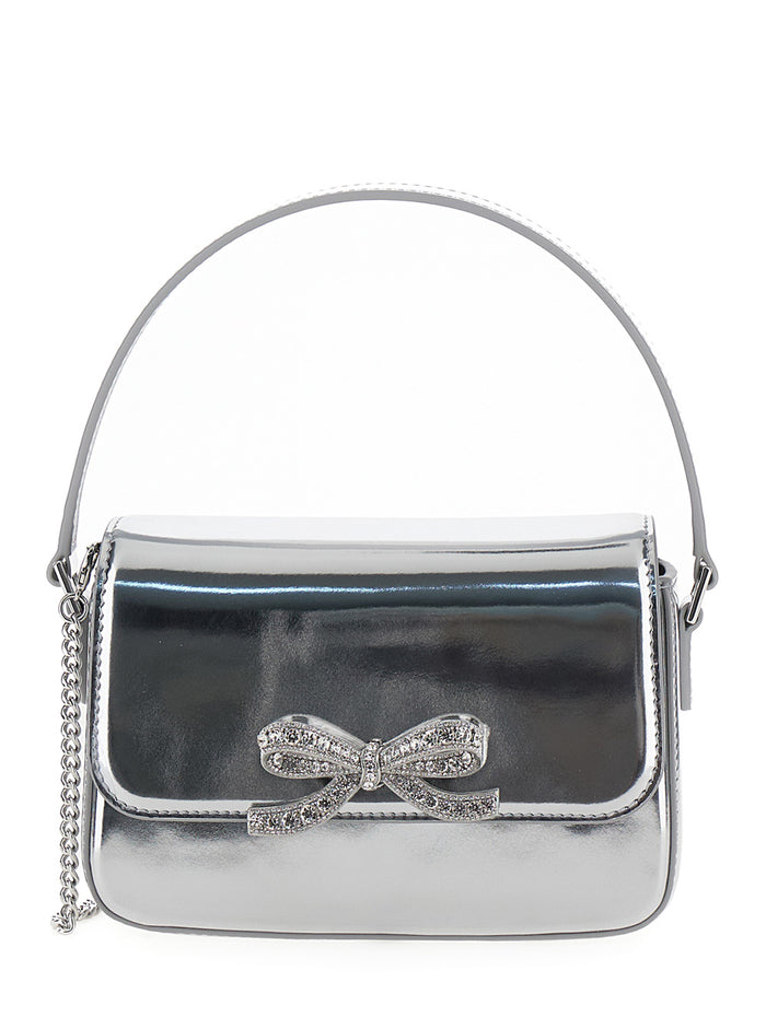 Micro Silver Handbag With Bow Detail Metallic Leather Woman Shoulder Bags
